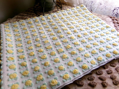 playful yellow rosebud vintage chenille fabric, cheerful lemon rose 18" x 24" inch piece of quilt fabric for sewing & crafts