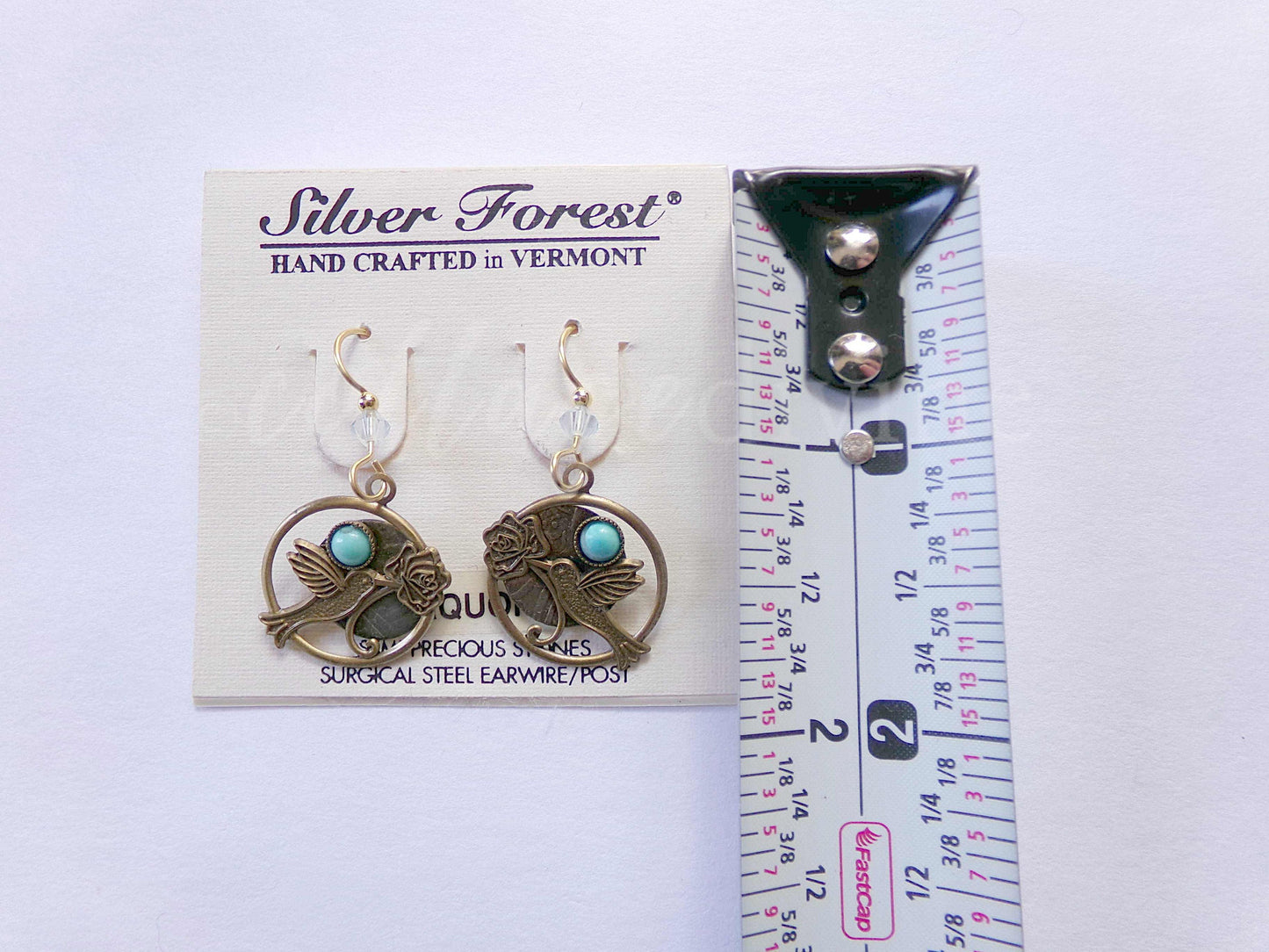 Hummingbird Rose Pierced Dangle Earrings, Turquoise Accent Vintage Style Silver Forest Vermont Boho Design