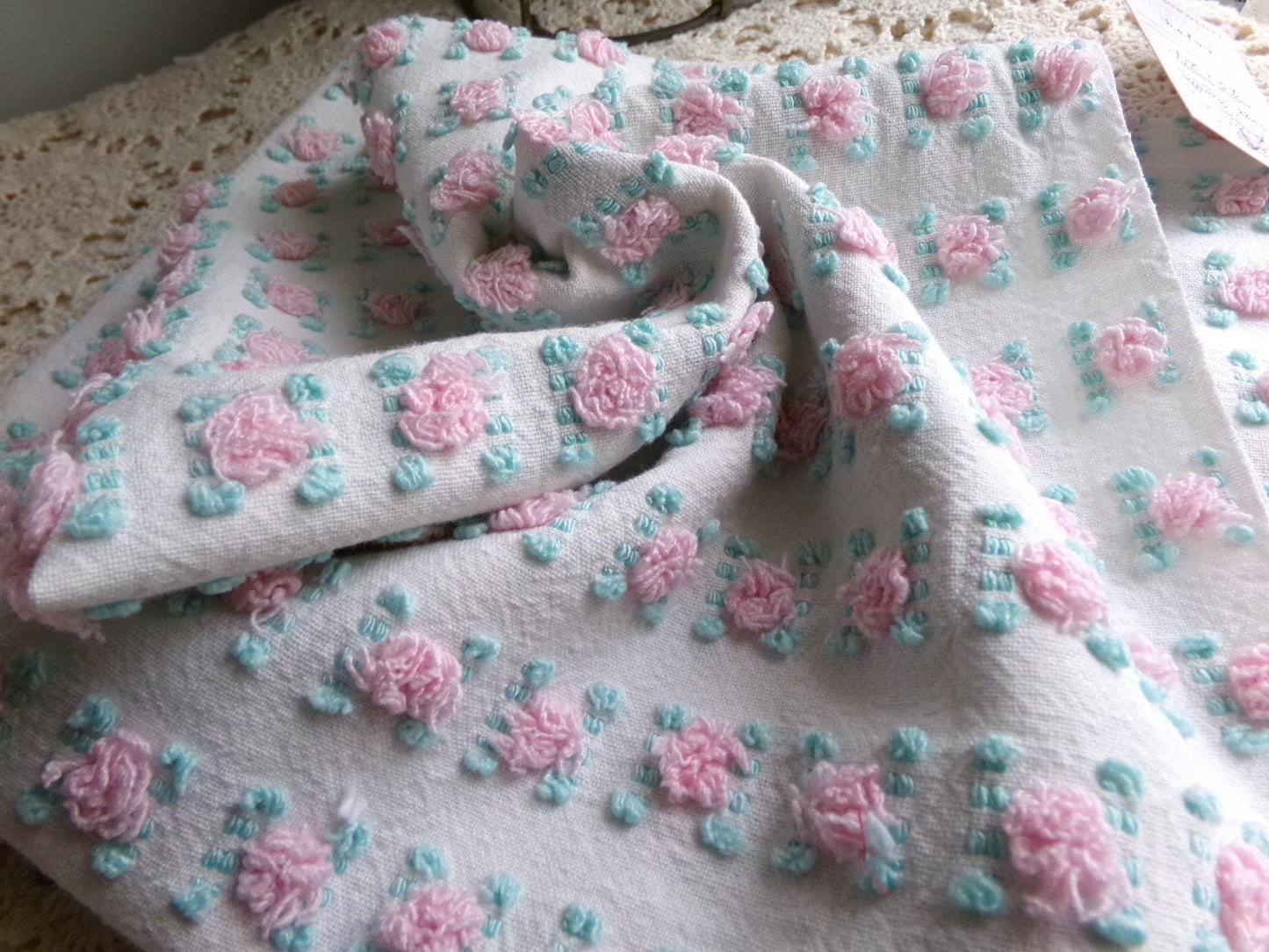 favorite pink rosebud vintage chenille fabric, cottage style sewing & quilt material, 18" x 24" inch piece