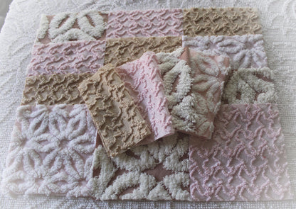 modern mocha pinks chenille fabric squares, set of 16 vintage quilt blocks 6" inches ea, daisy & squiggle texture