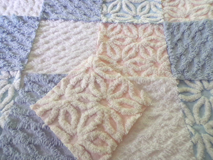 Fluffy Soft 6" Chenille Fabric Squares, Set of 16 Quilt Blocks, Pink, Blue & White Daisy Designs Cut from Vintage Chenille Bedspreads