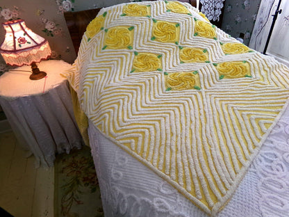 golden rose vintage chenille bedspread, plush pinwheel yellow cabbage rose design, full size cotton bedding