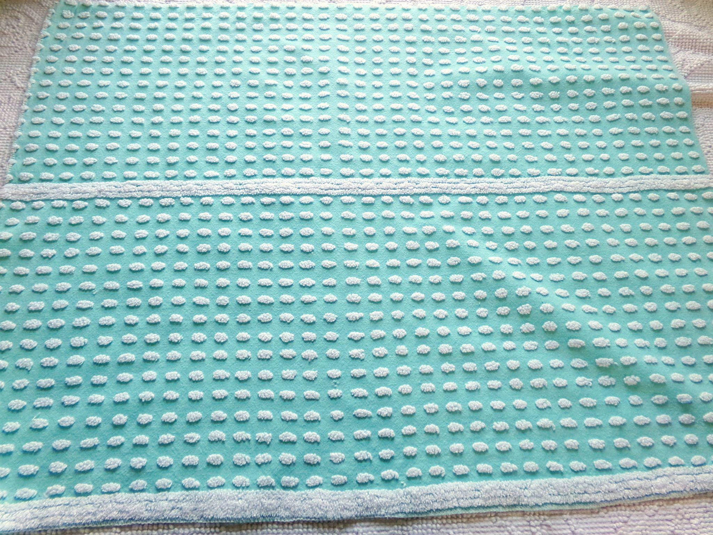 nubby elongated pops vintage chenille fabric, shabby unique 18" x 24" cut piece, white dots on aqua teal lightweight cotton