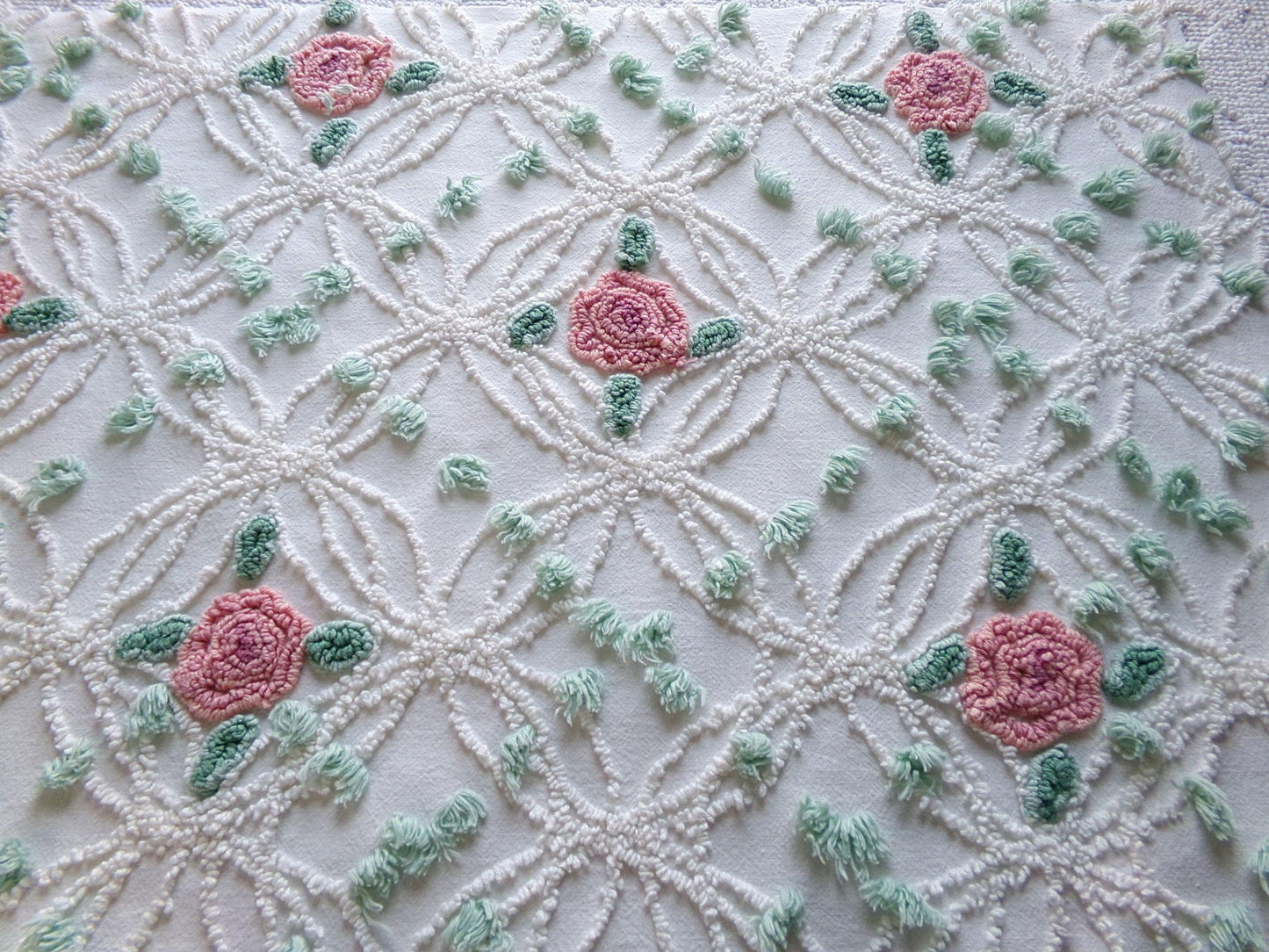 Pink Rose Garden Vintage Chenille Fabric, 18" x 25" Piece, Lovely Pink Florals in White Wedding Rings with Green Pops, 100% cotton material