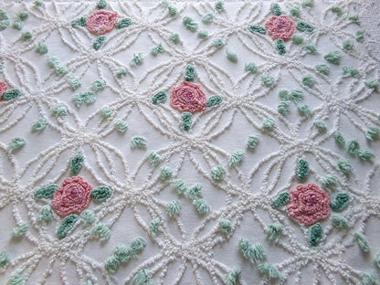 Pink Rose Garden Vintage Chenille Fabric, 18" x 25" Piece, Lovely Pink Florals in White Wedding Rings with Green Pops, 100% cotton material