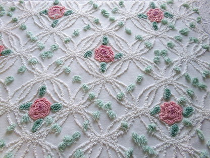 Cottage Life Vintage Chenille Fabric, 23" x 25" Piece, Beautiful Pink Roses Nested in White Wedding Rings with Mint Green Pops