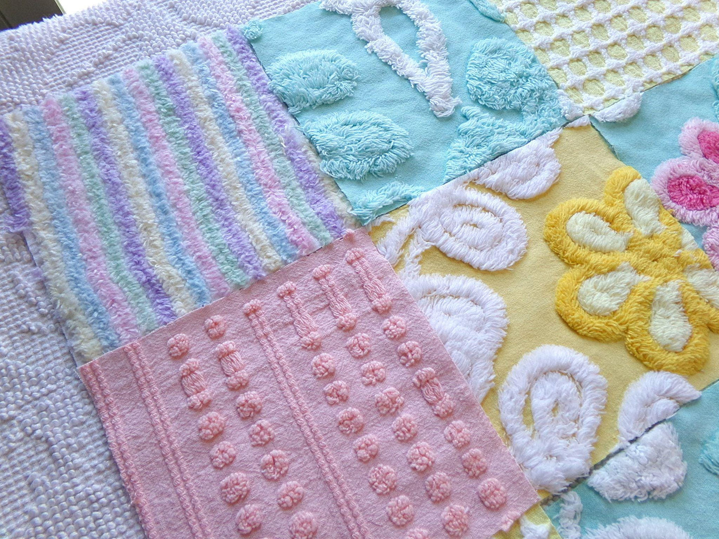spring spirit chenille fabric squares, set of 16 pretty vintage pastel quilt blocks in rainbow pink, yellow, aqua florals & geometrics