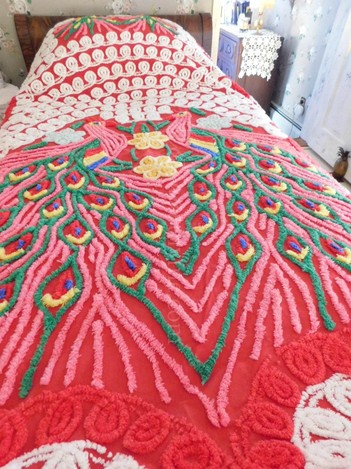 Love is all Around Vintage BOLD PEACOCK Chenille Bedspread, Full Size, Rainbow Red Rapture