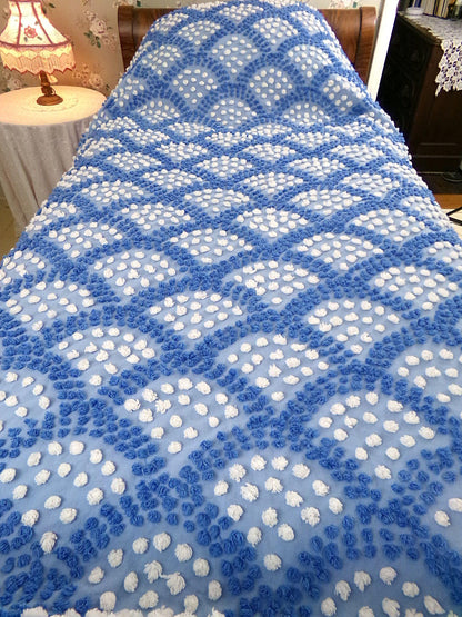 lakeside cottage vintage chenille bedspread, handmade blue & white shell pop scallop design, full size antique cotton bedding pom pom trim
