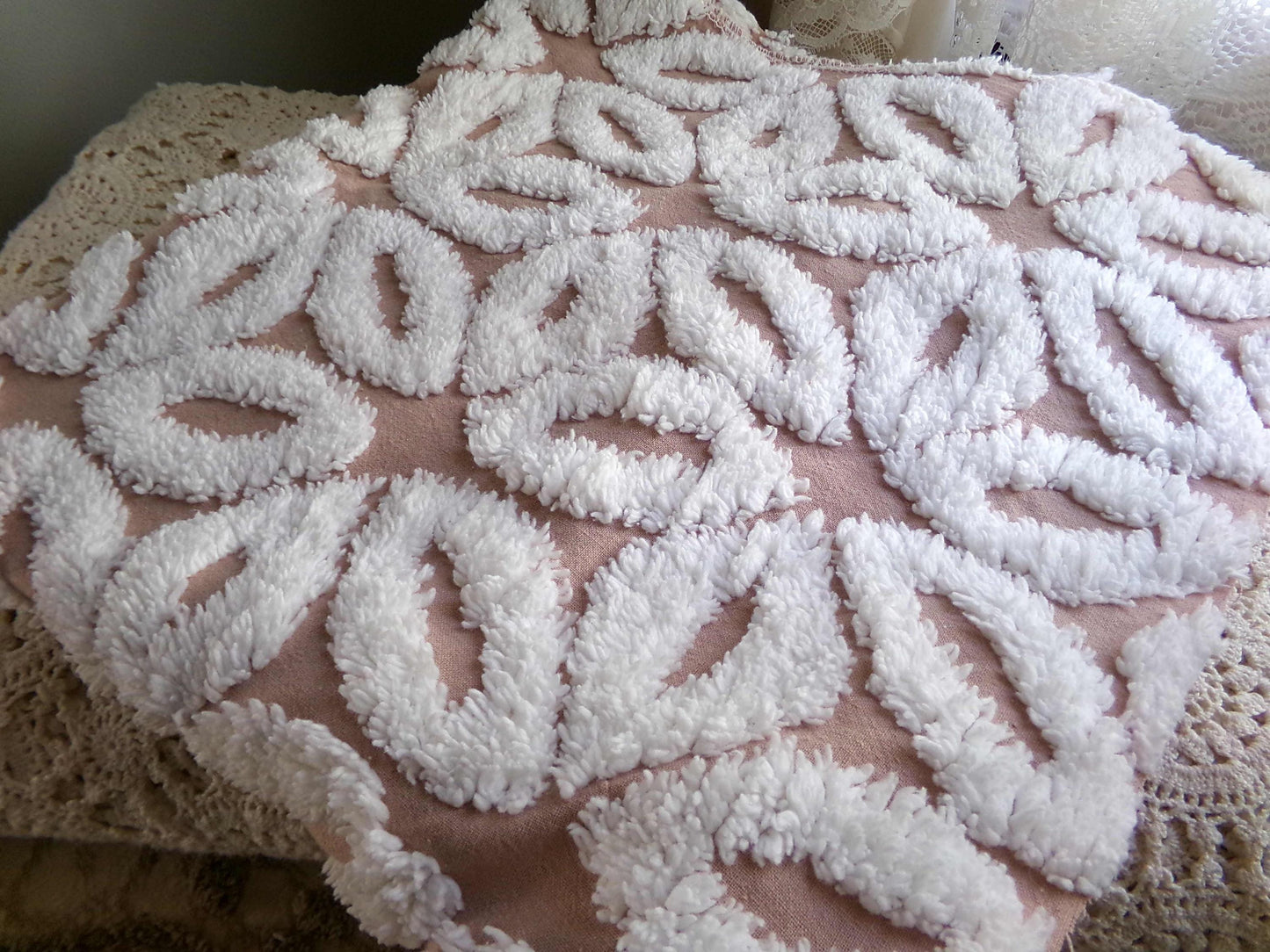 Mocha Daisy Vintage Chenille Fabric, 19" x 25"' inch piece, 100% Cotton, Big Fluffy White Daisies