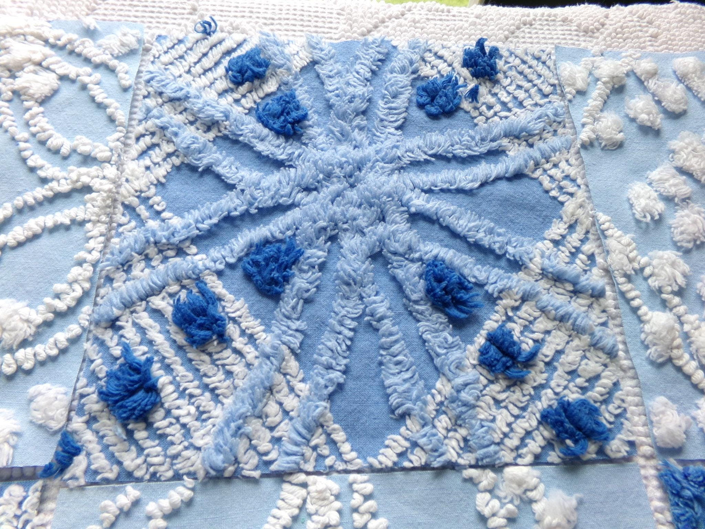 starry mystic chenille fabric squares, set of 8 vintage 7.5" quilt blocks, twilight blue & white, for sewing, crafts, quilting