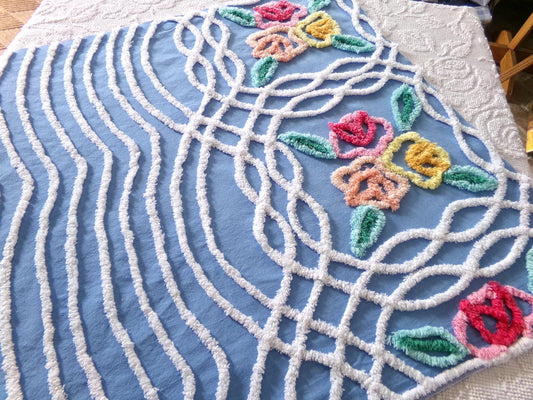 Seaside Summer Florals Blue Vintage Chenille Fabric, Pretty 30" x 26" inch piece