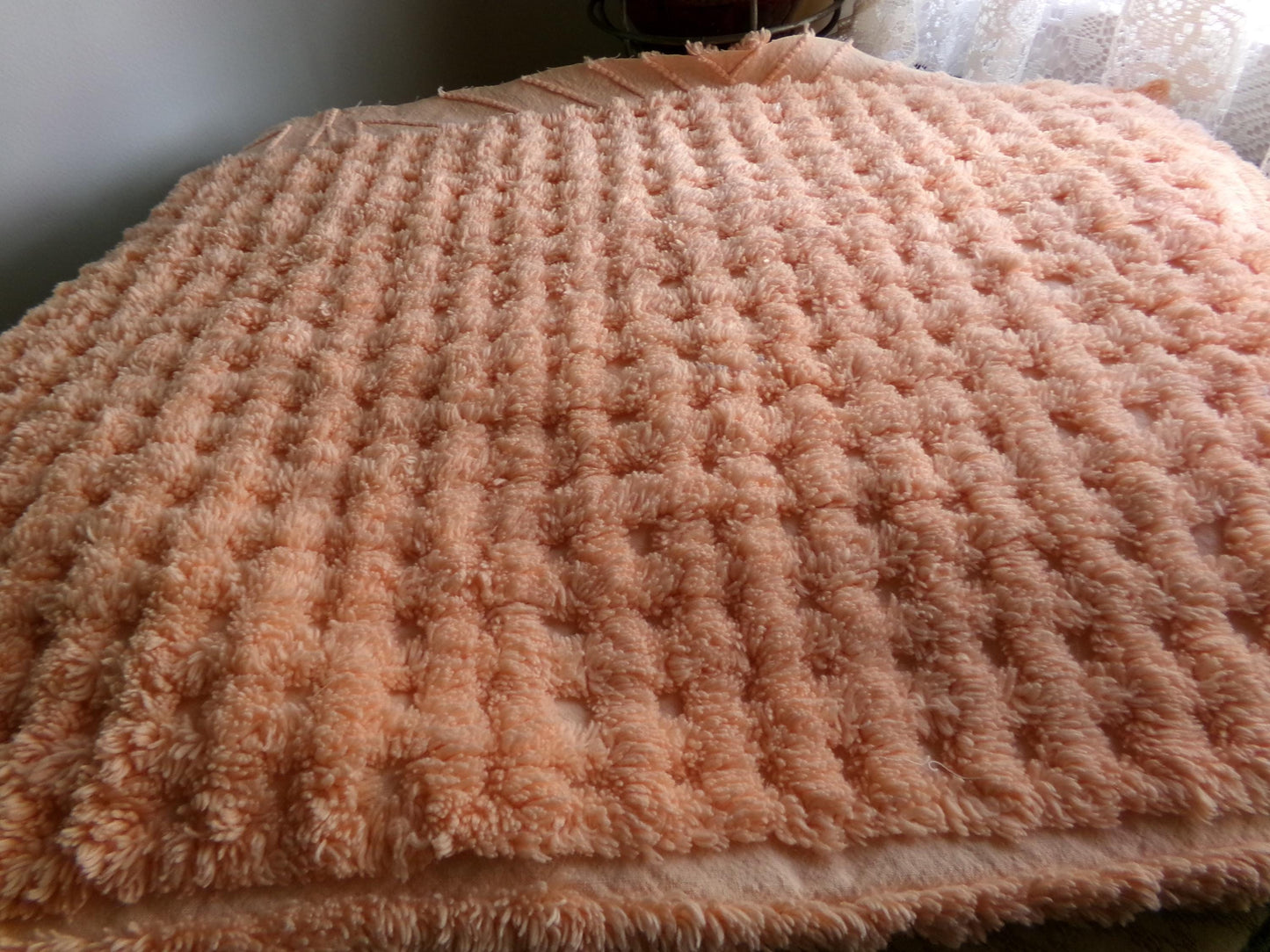 Plush Peach Glow Chenille Material, 20" x 32" inch Vintage Fabric Piece, Thickly Tufted Waffle Grid & Geometric Flower Petals