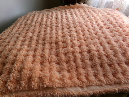 Plush Peach Glow Chenille Material, 20" x 32" inch Vintage Fabric Piece, Thickly Tufted Waffle Grid & Geometric Flower Petals