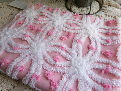perfectly pink chenille fabric, white tufted wedding rings & sprinkle pops, 18" x 24" inch piece cut from vintage chenille bedspread