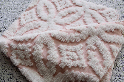 sculpted petals vintage chenille fabric, white tufting on cool pink, 20" x 25" inch piece, 100% cotton