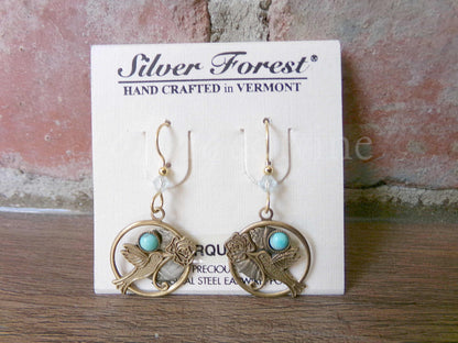 Hummingbird Rose Pierced Dangle Earrings, Turquoise Accent Vintage Style Silver Forest Vermont Boho Design