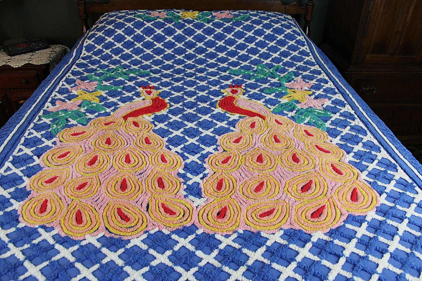 Royal Blue Vintage Peacock Chenille Bedspread, Bold Tropical Floral Colors, FULL Sz