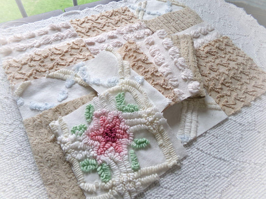 vintage modern chenille fabric squares, 17 neutral 6" quilt blocks in natural cream & sand colors for sewing, crafts, fiber arts