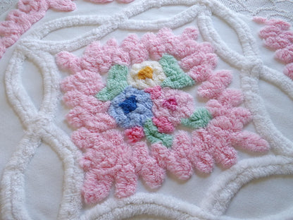 heavenly cottage chic vintage chenille fabric, heavy tufted frosted wedding cake floral 17" x 23" inch piece of pink & white sewing material