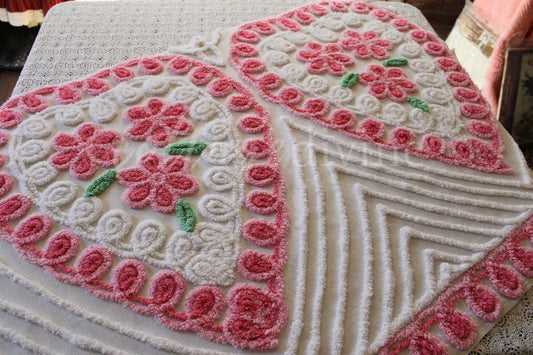 Pink Rose Candy Hearts Vintage Chenille Fabric, 27" x 42" Inch LARGE Piece, Cute Floral Trios on White Cotton, Great for Quilting & Pillows