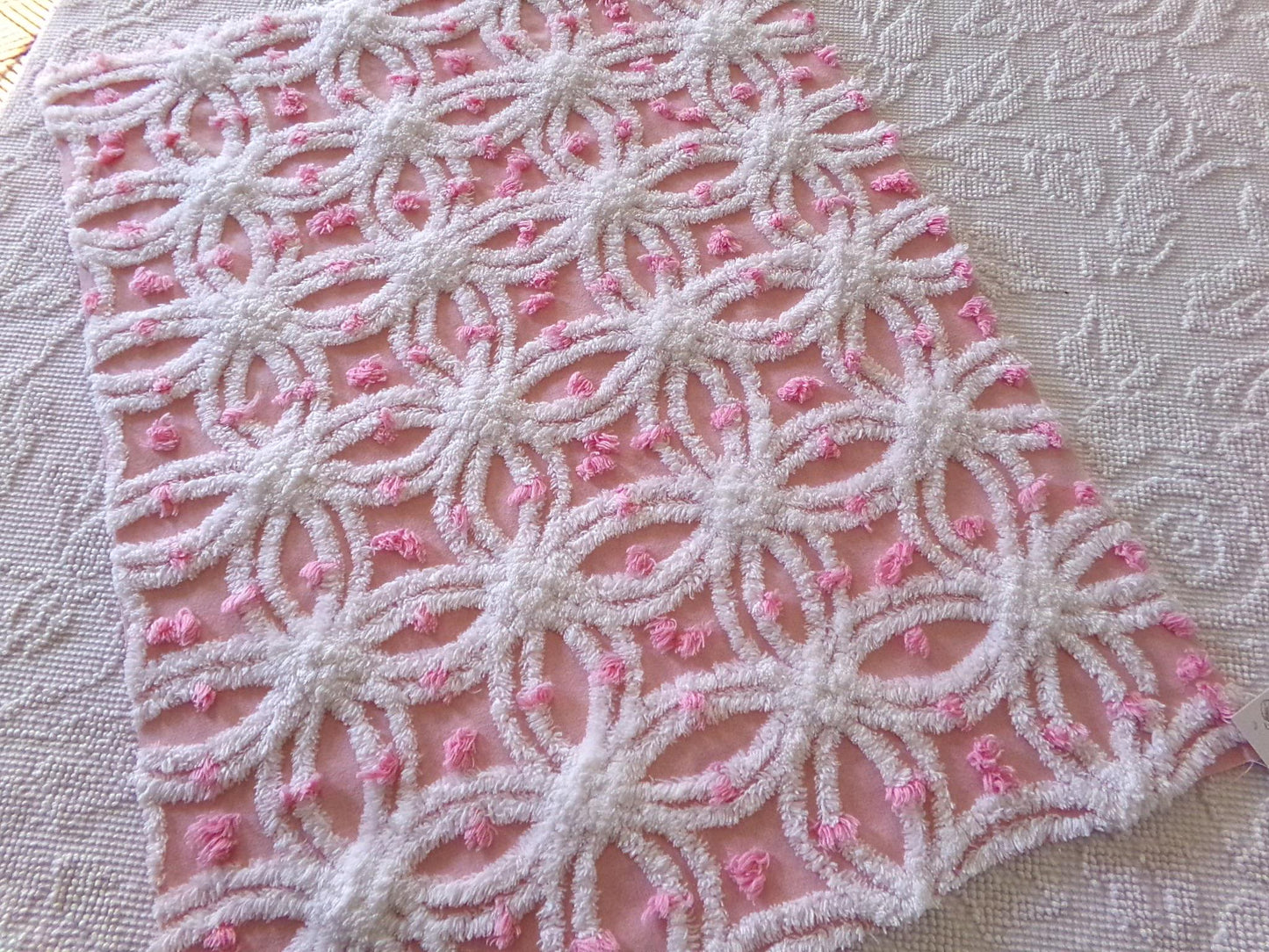perfectly pink chenille fabric, white tufted wedding rings & sprinkle pops, 18" x 24" inch piece cut from vintage chenille bedspread