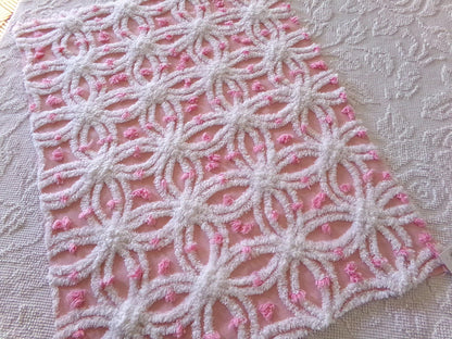 perfectly pink chenille fabric, white tufted wedding rings & sprinkle pops, 18" x 24" inch piece cut from vintage chenille bedspread