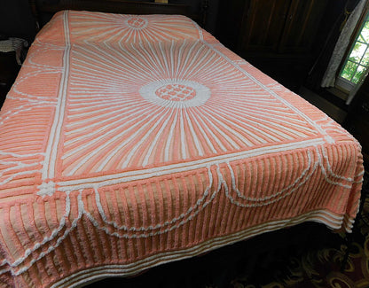 Spectacular STARBURST Peach SUN RAYS Vintage Chenille Bedspread, 100% Plush Cotton, Full Size