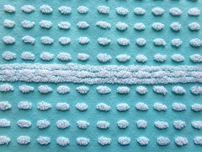 nubby elongated pops vintage chenille fabric, shabby unique 18" x 24" cut piece, white dots on aqua teal lightweight cotton
