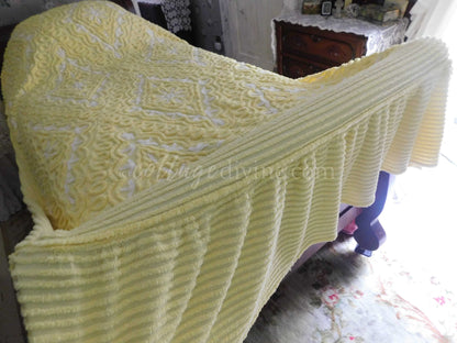 Chenille Bedding, Delicious Lemon Chiffon Vintage Chenille Bedspread, Integrated Ruffle Skirt, Fitted Full Size