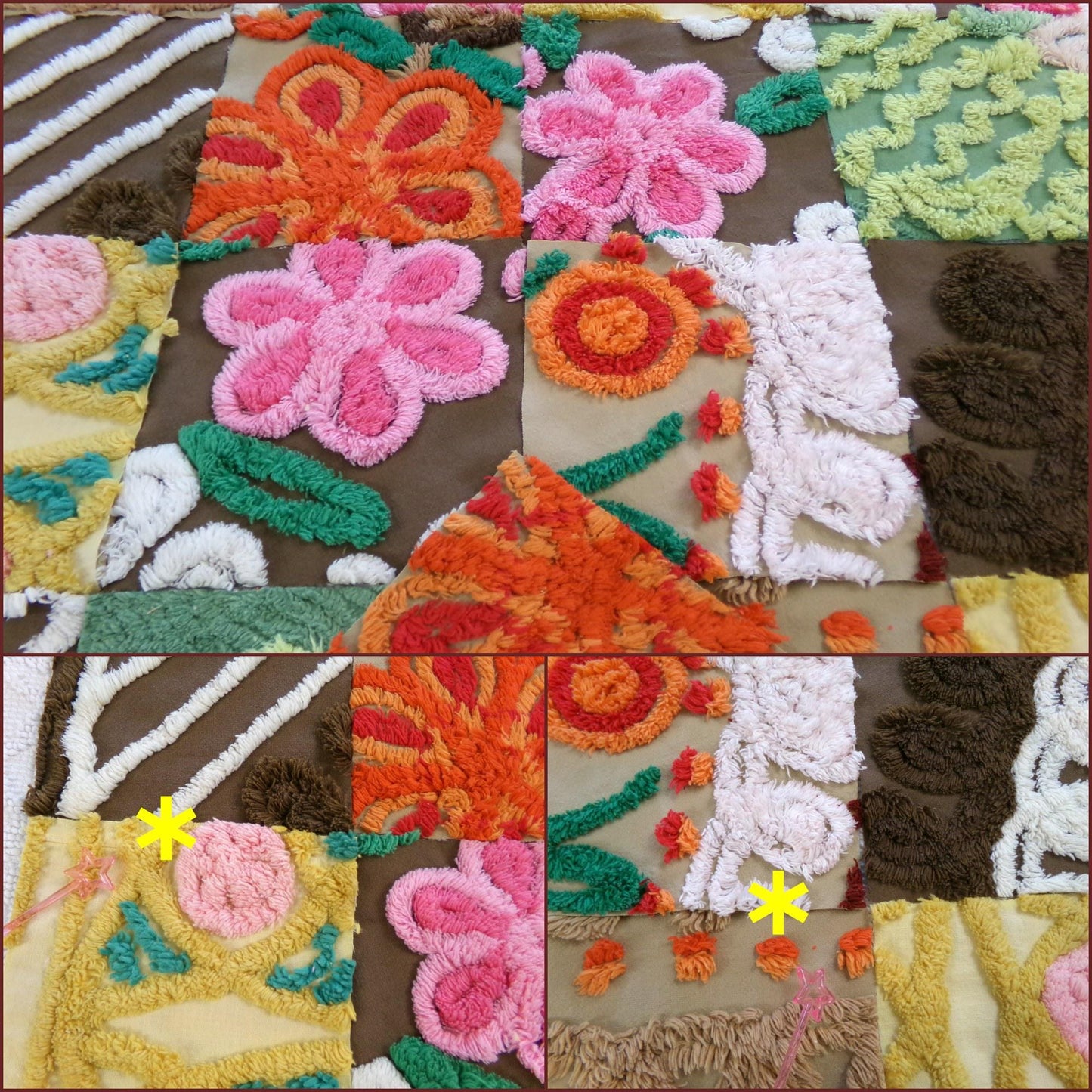 flower power vintage chenille fabric squares, set of 16 boho 70s style 6" blocks for arts & crafts, sewing