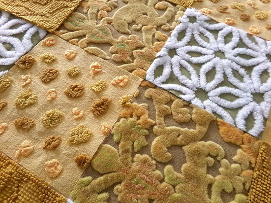 boho mama velvet & chenille fabric squares, earthtone daisy, dots, 16 vintage quilt blocks 6" x 6" inch, for pillows, quilts, crafts