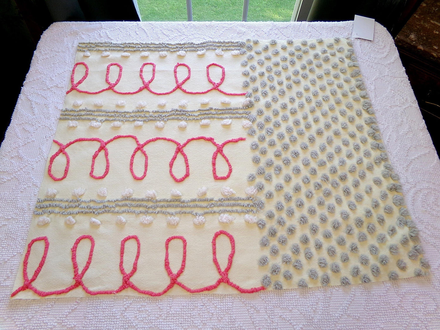 doodles & dots vintage chenille fabric, red loops w/ grep pops on buttery yellow, 20" x 24" cut piece