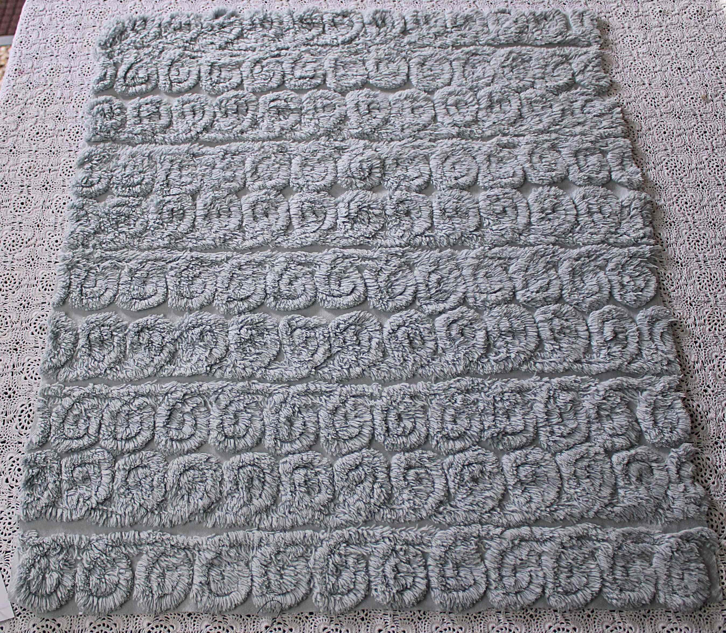 plush looping curlicues vintage chenille fabric, 21" x 24" cut piece in dreamy dusty blue, soft & so pretty