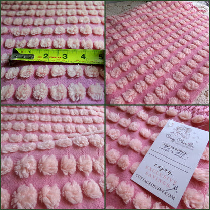 fluffy puff pops chenille fabric, sweet oversize bobbles on pink rose, 20" x 24" inch piece great for chenille quilts & sewing projects