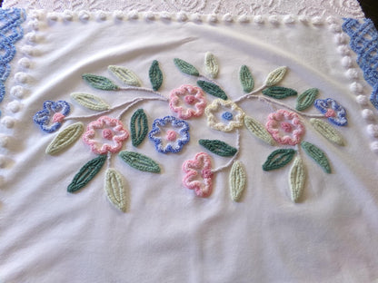 cottage style shabby pink & blue florals vintage chenille fabric, large 24" x 35" inch piece, so pretty for a pillow