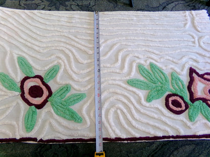Berry Mauve Blooms Vintage Chenille Fabric, Large 22" x 37" Piece of Plush Swirl White Cotton Sewing Material Upcycle into Quilts & Crafts
