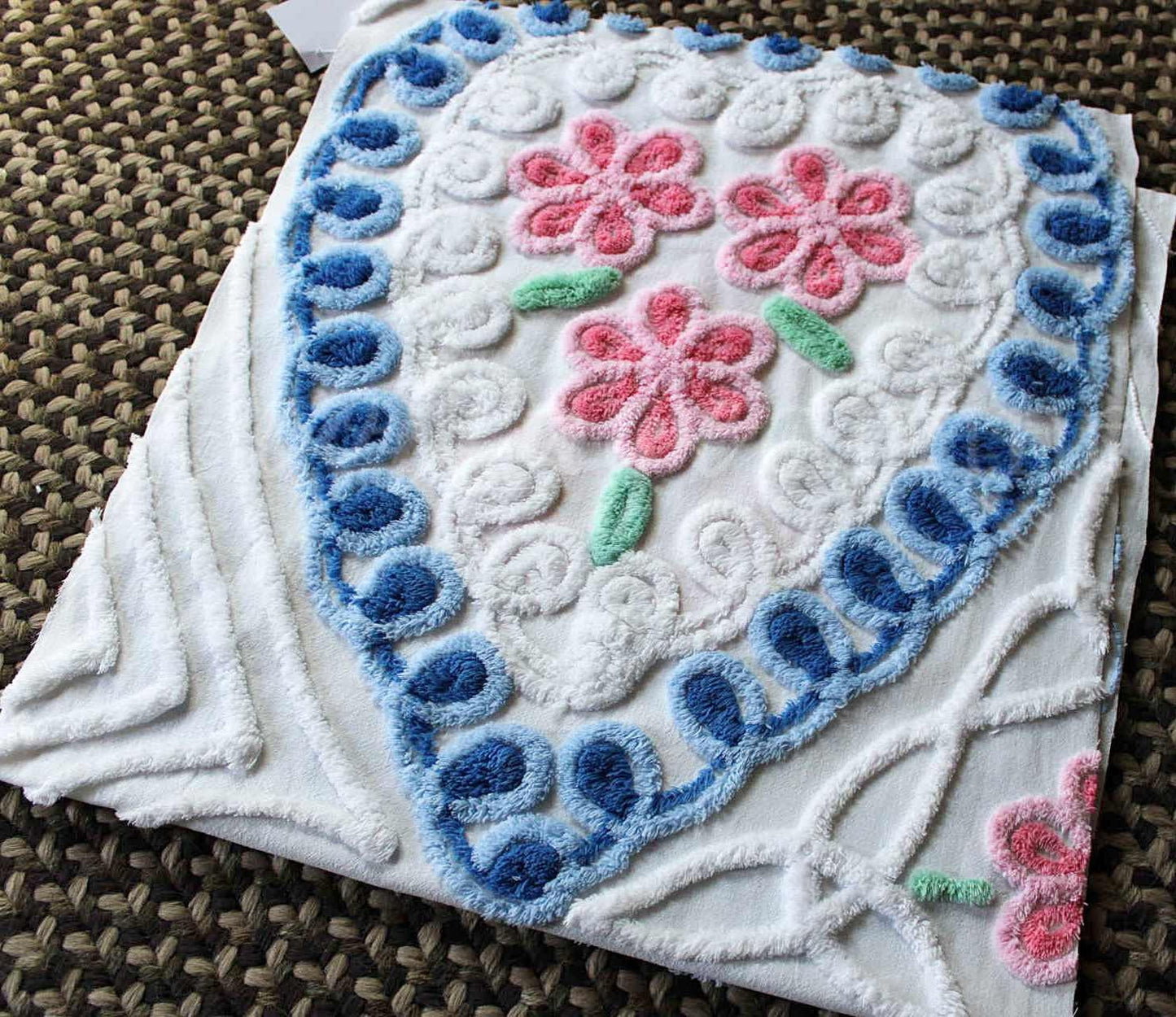 Cottage Hearts & Pink Roses Vintage Chenille Fabric, Classic 50s Design, 38" x 18" inch LARGE piece