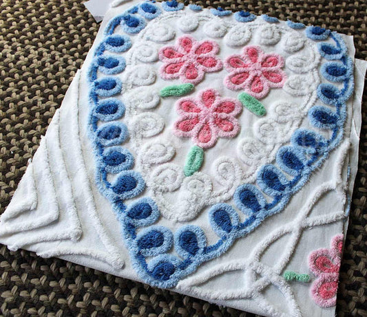 Cottage Hearts & Pink Roses Vintage Chenille Fabric, Classic 50s Design, 38" x 18" inch LARGE piece