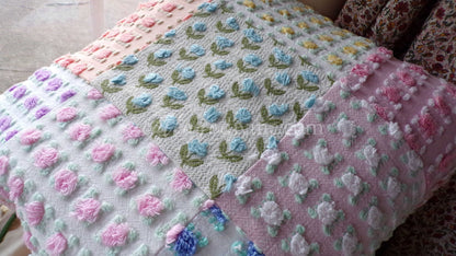 PATCHWORK Roses Floral Chenille Pillow Cover 16" x 16" inch Square, REVERSIBLE Accent Pillow Designed from Vintage Chenille Bedspread Fabric