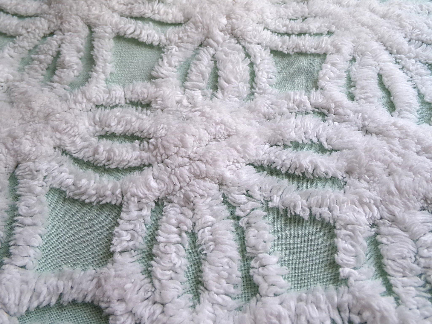 mint green chenille fabric, plush white wedding rings, 18" x 26" inch piece cut from vintage chenille bedspread
