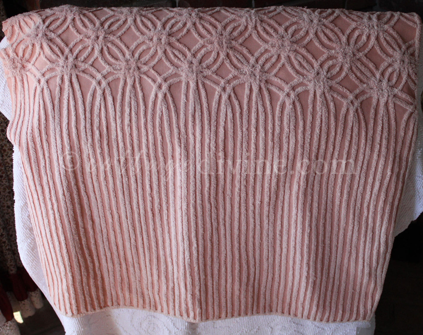 Beautiful Rosy Vintage Chenille Fabric Piece, 24" x 25" inches, Old Fashioned Wedding Rings & Cathedral Stripes