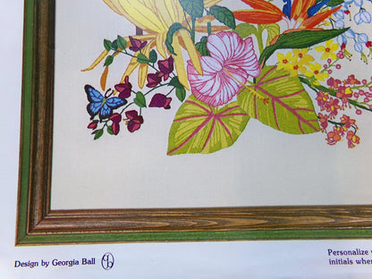 PARADISE FOUND Vintage Crewel Embroidery Kit, Flowers of Hawaii Tropical Hummingbird, Paragon 0308 Stitchery, Georgia Ball Design