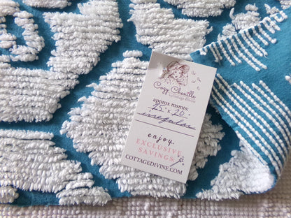 sea glass blue vintage fabric, texturized white daisy block design, 20" x 25" piece of sewing material cut from chenille bedspread