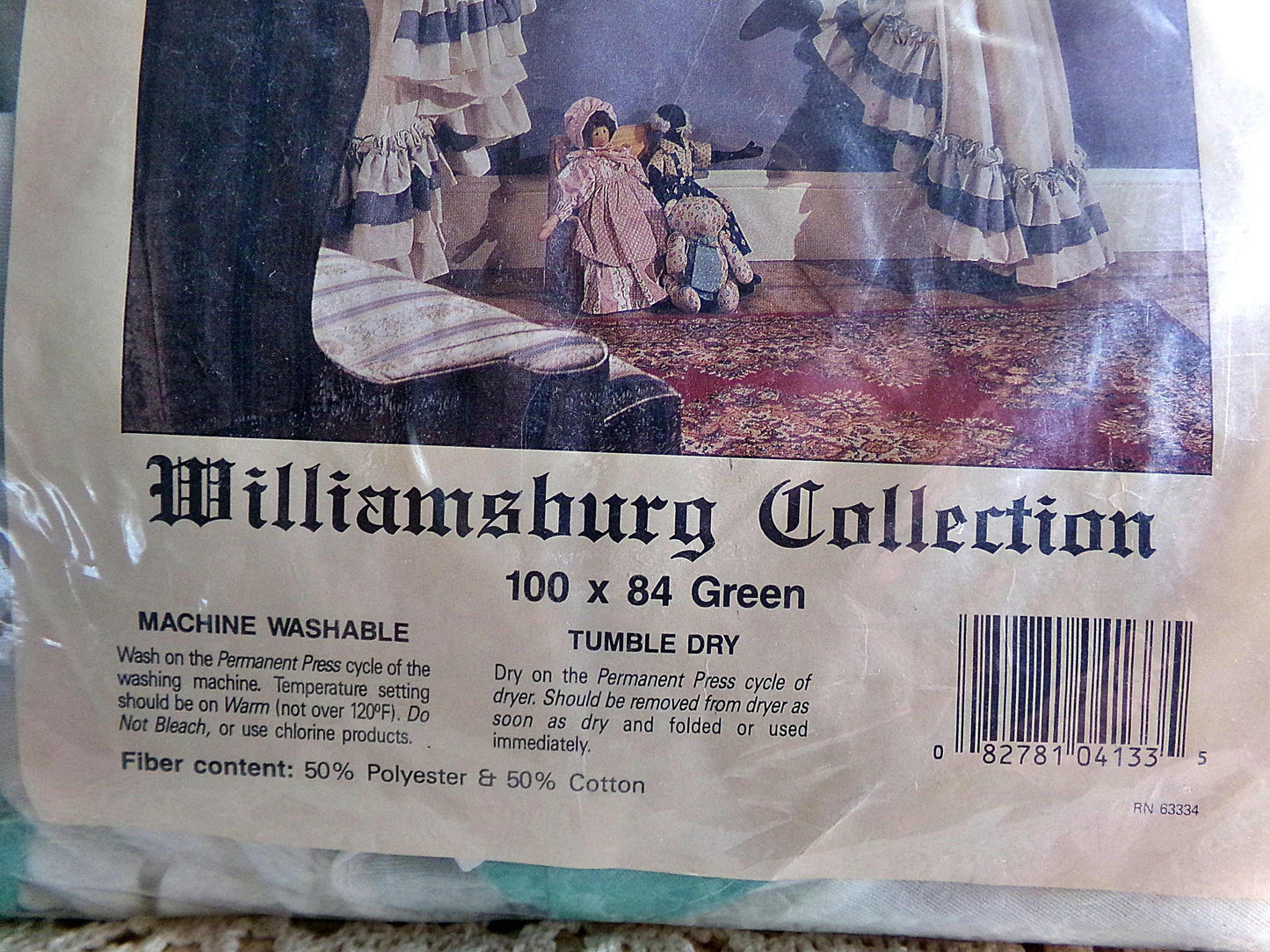 Farmhouse Style Priscilla Curtain Panels Pair, Cream & GREEN Trim, Bow Tiebacks, NOS Vintage Window Curtains, 84" L, Williamsburg Collection
