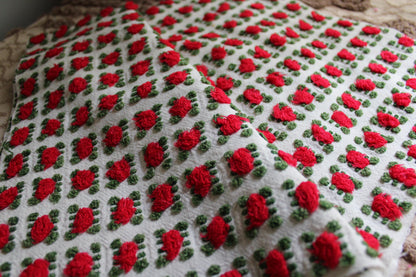 Striking Red Rosebud Vintage Chenille Fabric from Morgan Jones Roses Bedspread, 18" x 24" inch Piece