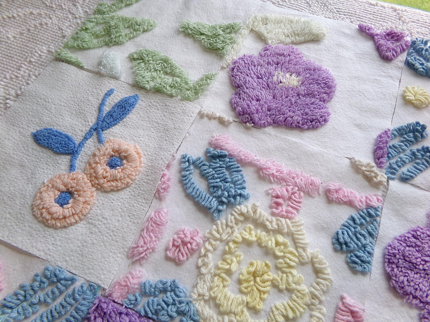 spring blooms vintage chenille fabric squares: pretty flowers set of 16 floral 6" quilt blocks