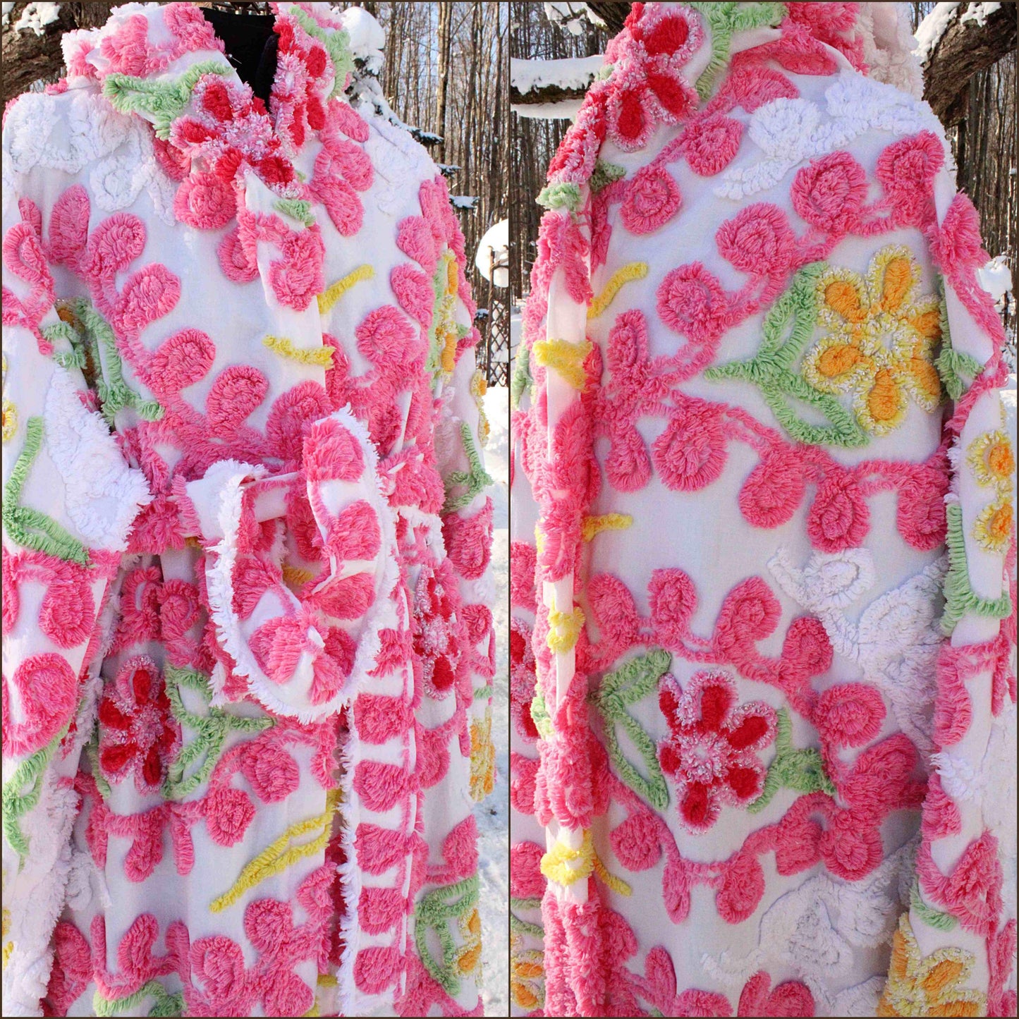 Pink Burst Chenille Robe with Sparkle Flowers, Medium / Large Hooded Vintage Style Women's Bathrobe