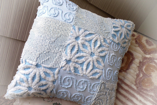 Beach Cottage Chenille Pillow Cover 16" x 16" inch Square, REVERSIBLE Patchwork Blue Accent Pillow from Vintage Chenille Bedspread Fabric