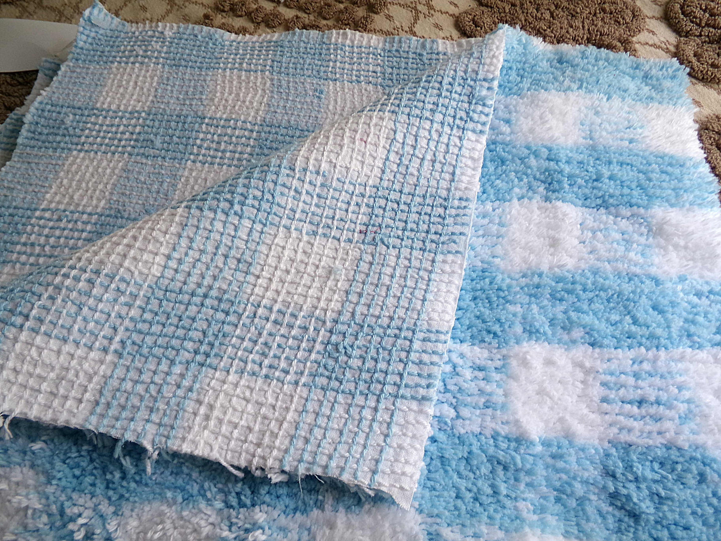 Cuddly Vintage Chenille Fabric in Cozy Blue & White Gingham Country Plaid, 18" x 24" inch Piece, Soft Plush Cotton Blend